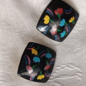 Black colorful tulip flowers Hand Painted Vintage post Earrings Hand Crafted